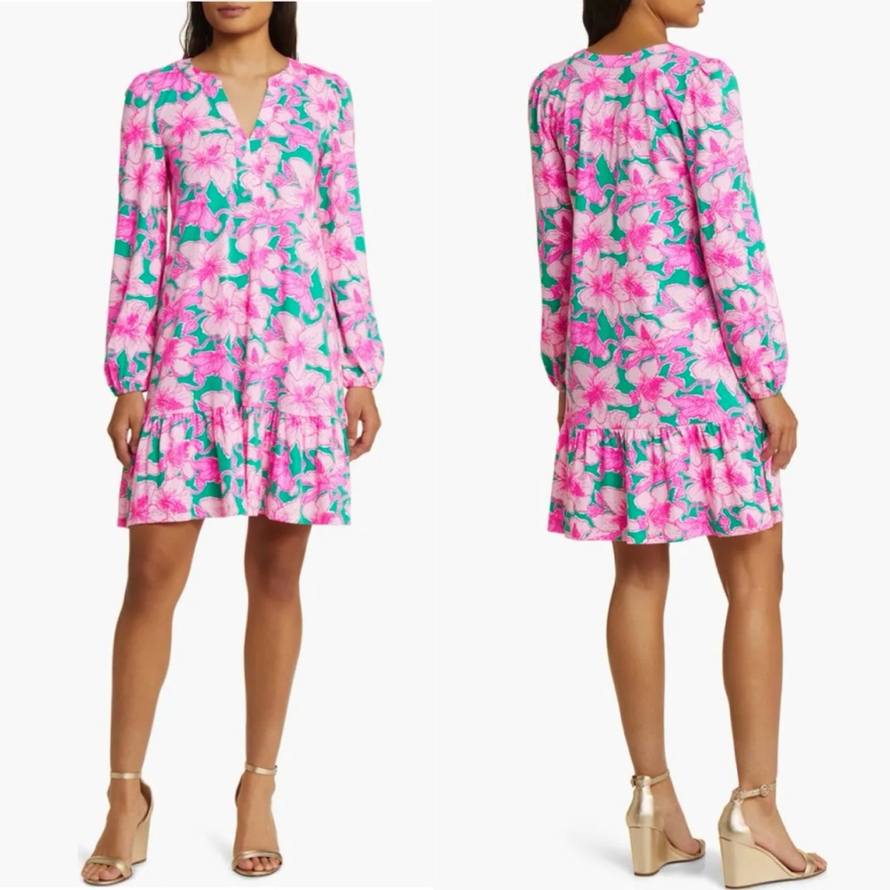 Lilly Pulitzer Alyssa Hibiscus Print Long Sleeve Dress Kelly Green
